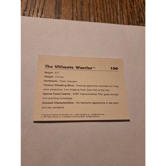 Vintage 1990 WWF Trading Card #106 Ultimate Warrior Classic Games Titan Sports - Picture 2 of 2